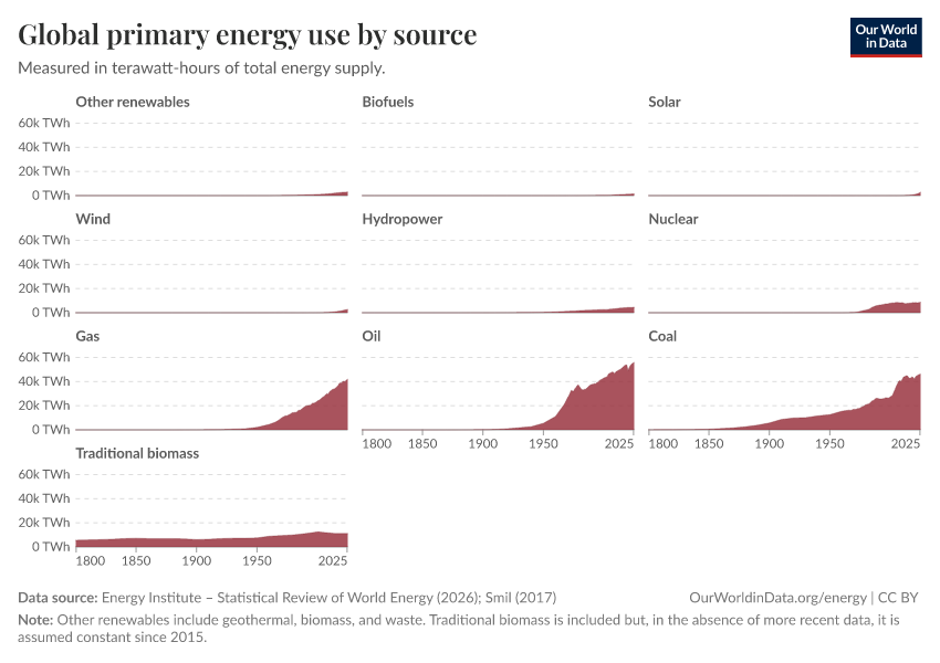 Global primary energy use by source