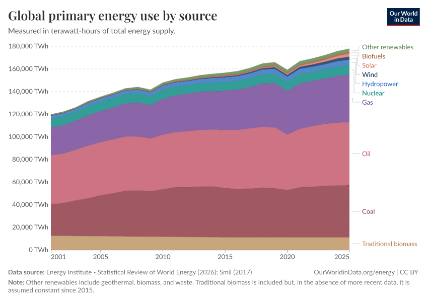 Global primary energy use by source
