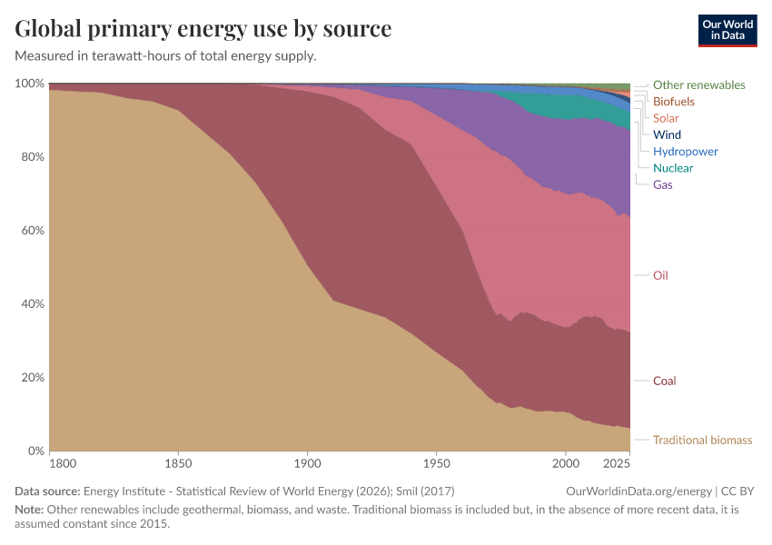 Global primary energy use by source