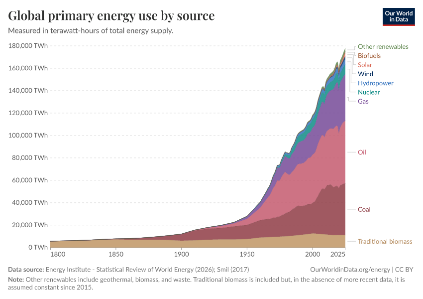Global primary energy use by source