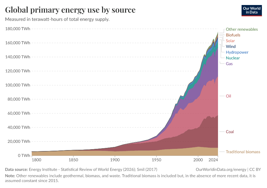 Global primary energy use by source