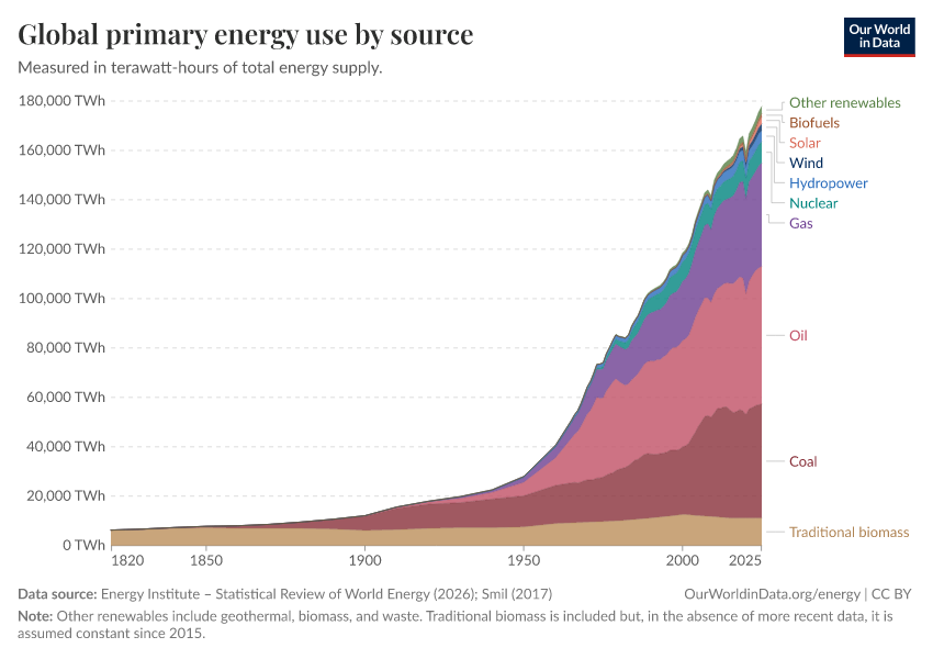 Global primary energy use by source