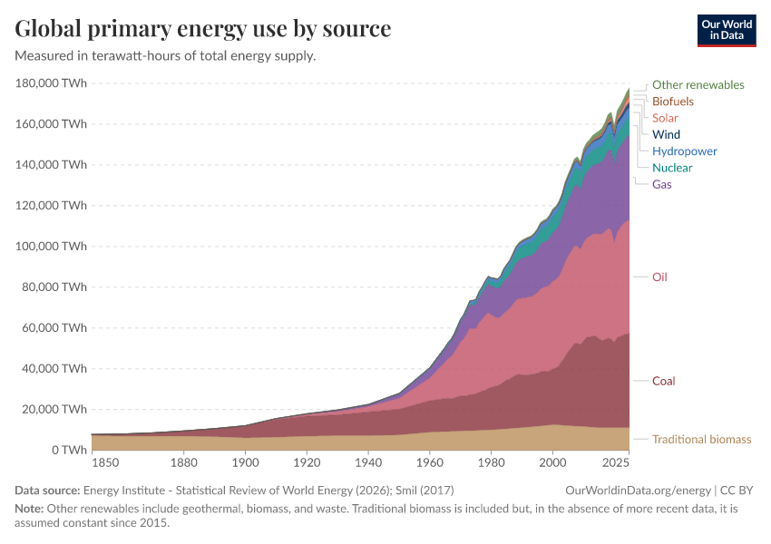 Global primary energy use by source