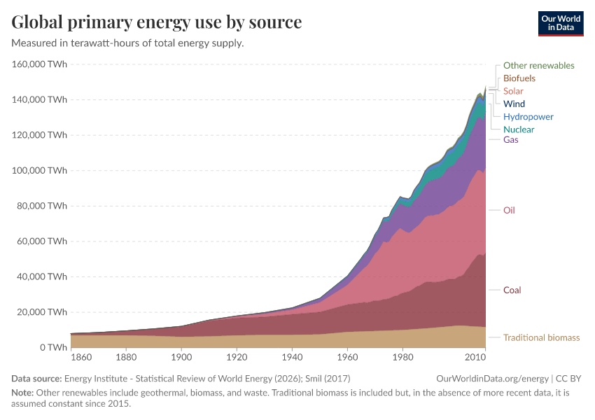 Global primary energy use by source