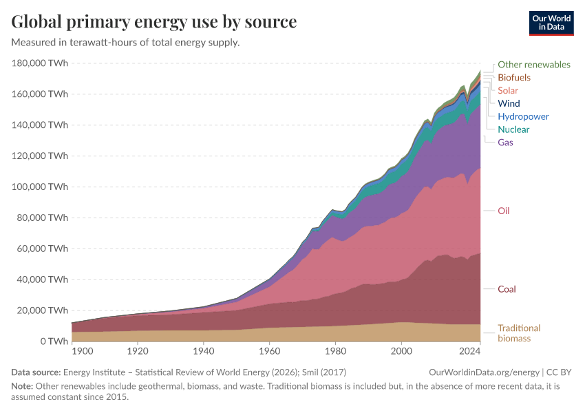 Global primary energy use by source