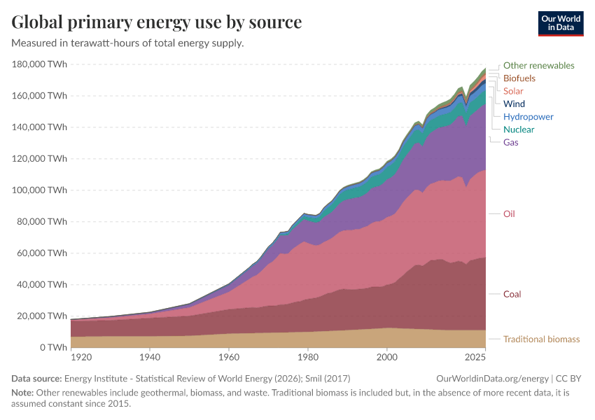 Global primary energy use by source