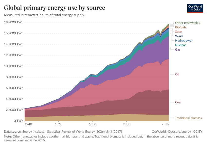 Global primary energy use by source