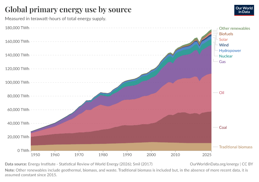 Global primary energy use by source