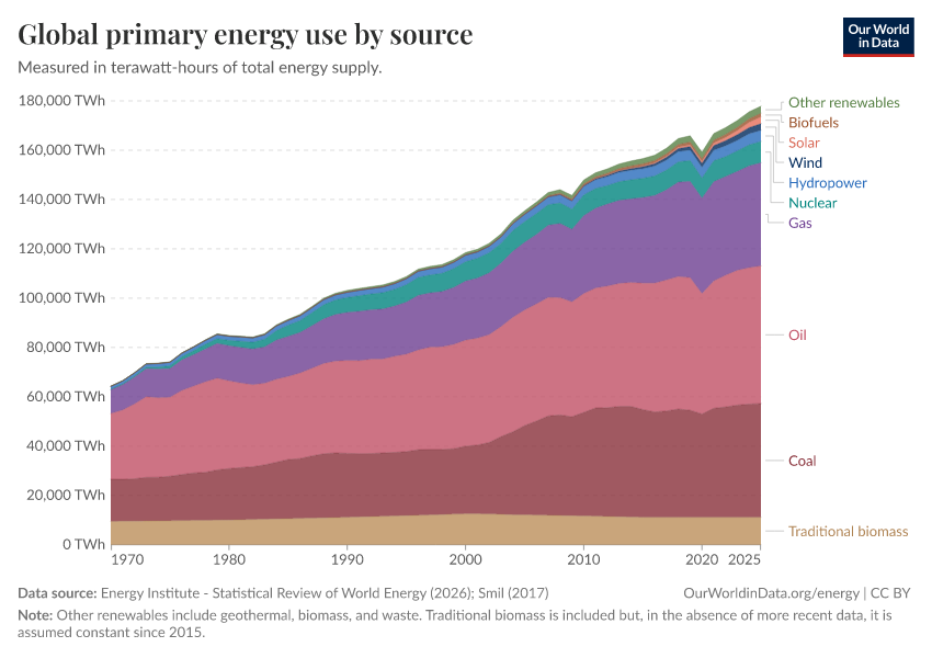 Global primary energy use by source