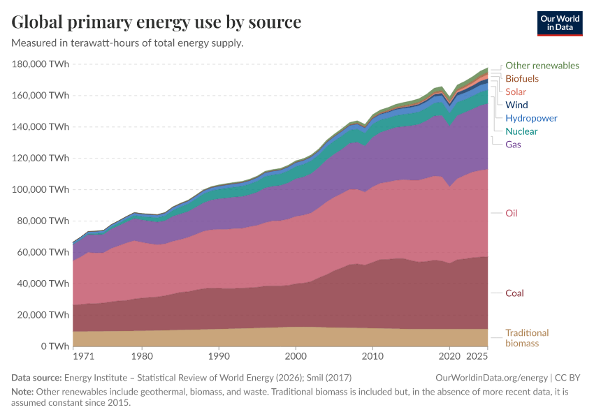 Global primary energy use by source