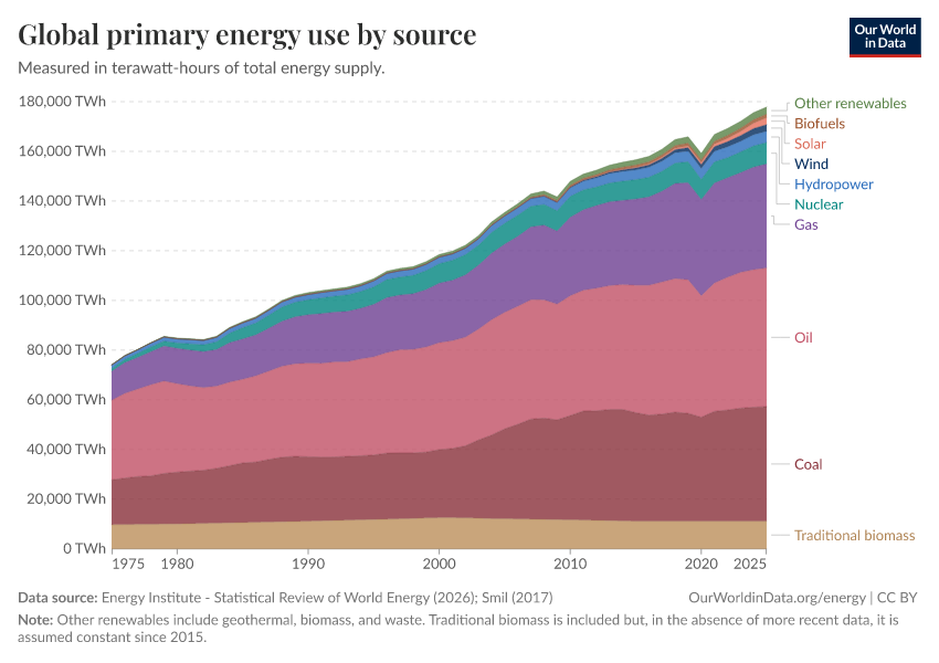 Global primary energy use by source