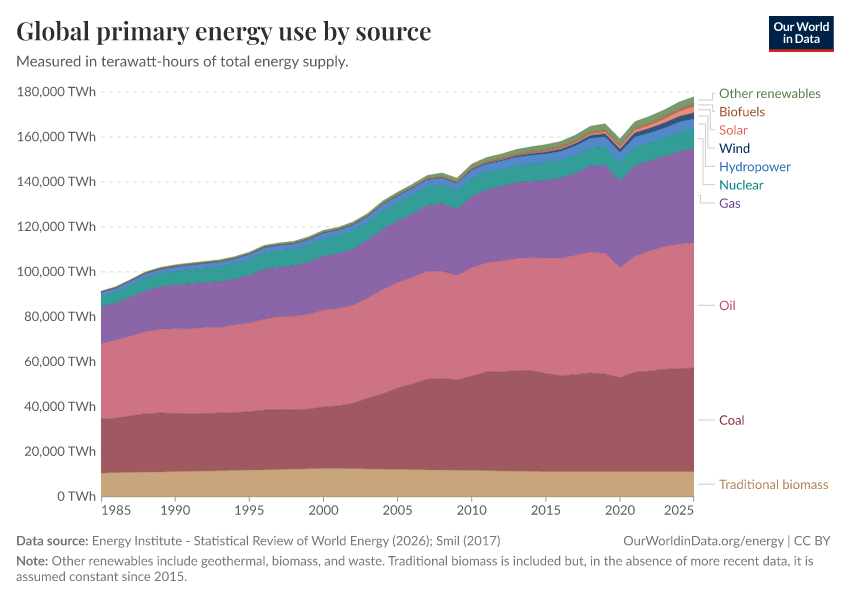 Global primary energy use by source