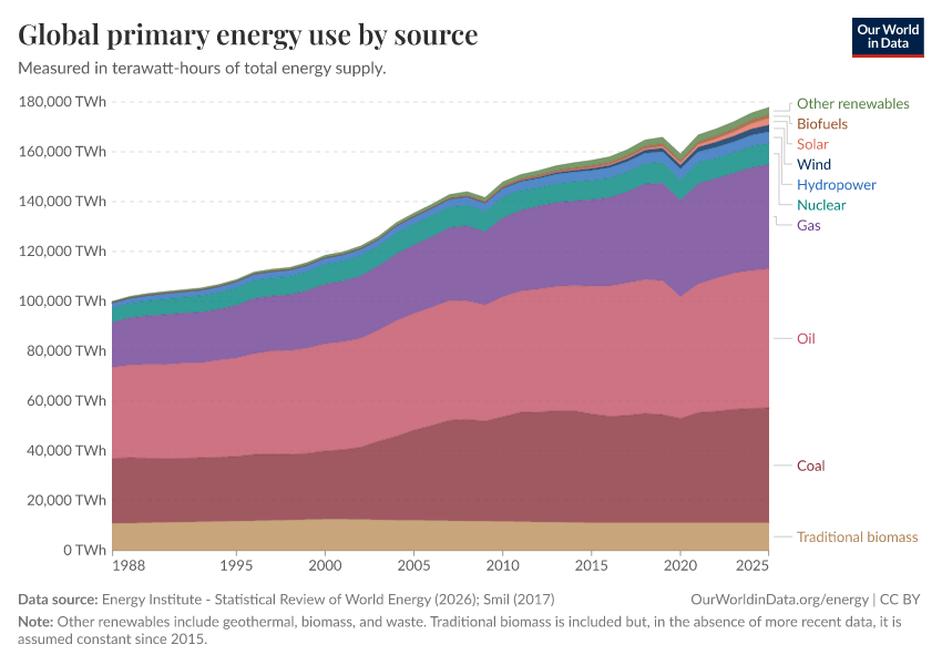 Global primary energy use by source