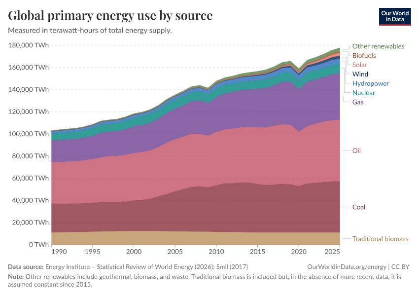 Global primary energy use by source