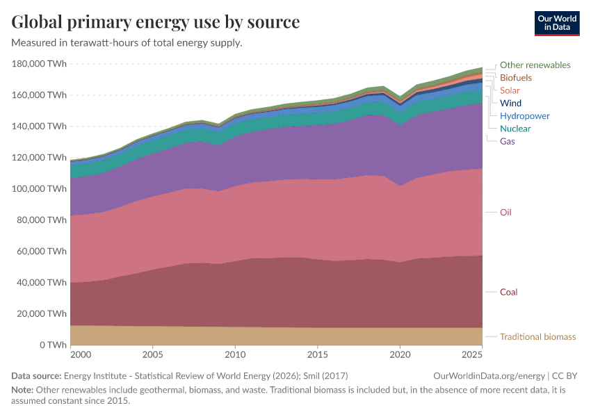 Global primary energy use by source