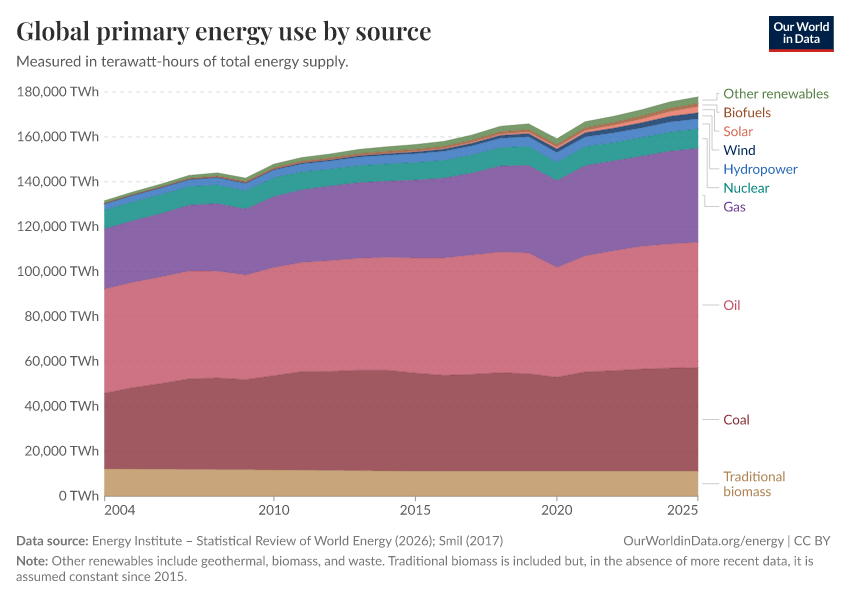 Global primary energy use by source