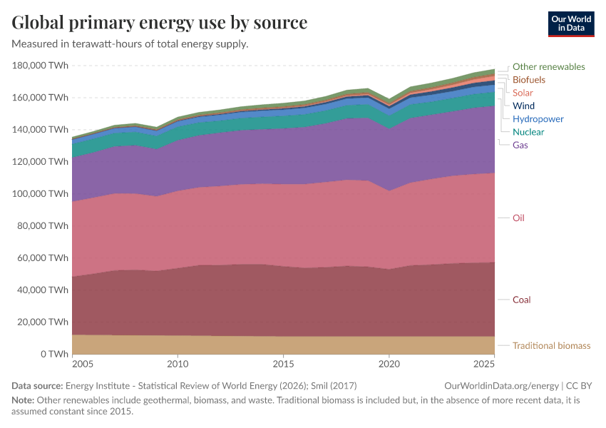 Global primary energy use by source