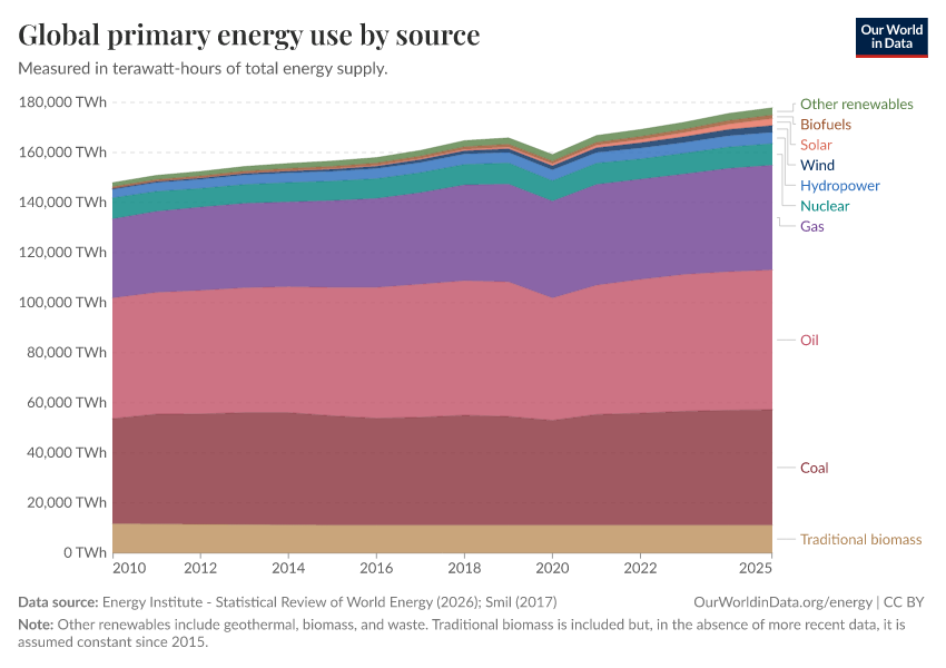 Global primary energy use by source