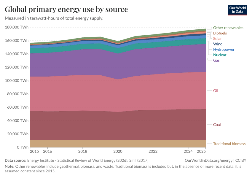 Global primary energy use by source