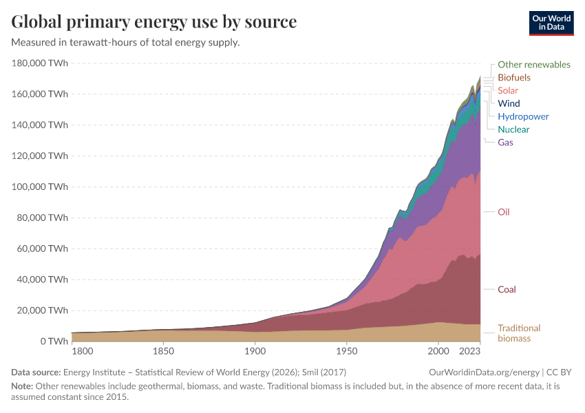 Global primary energy use by source