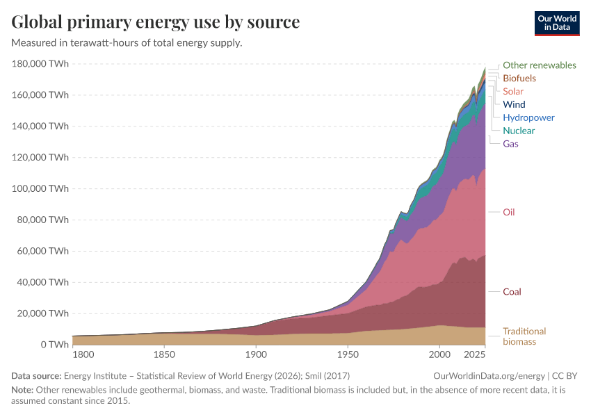 Global primary energy use by source
