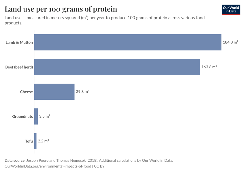 Land use per 100 grams of protein