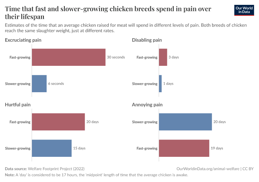 A thumbnail of the "Time that fast and slower-growing chicken breeds spend in pain over their lifespan" chart