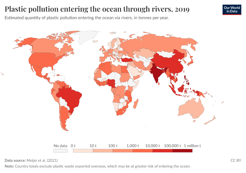 Plastics entering the ocean from rivers