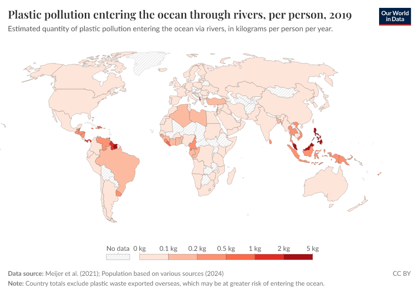 Plastics entering the ocean from rivers