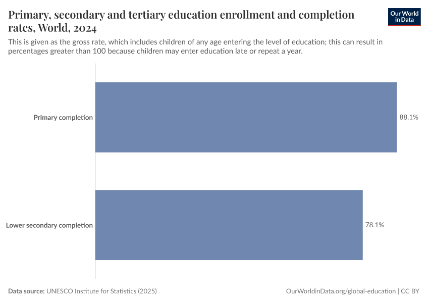 Primary, secondary and tertiary education enrollment and completion rates