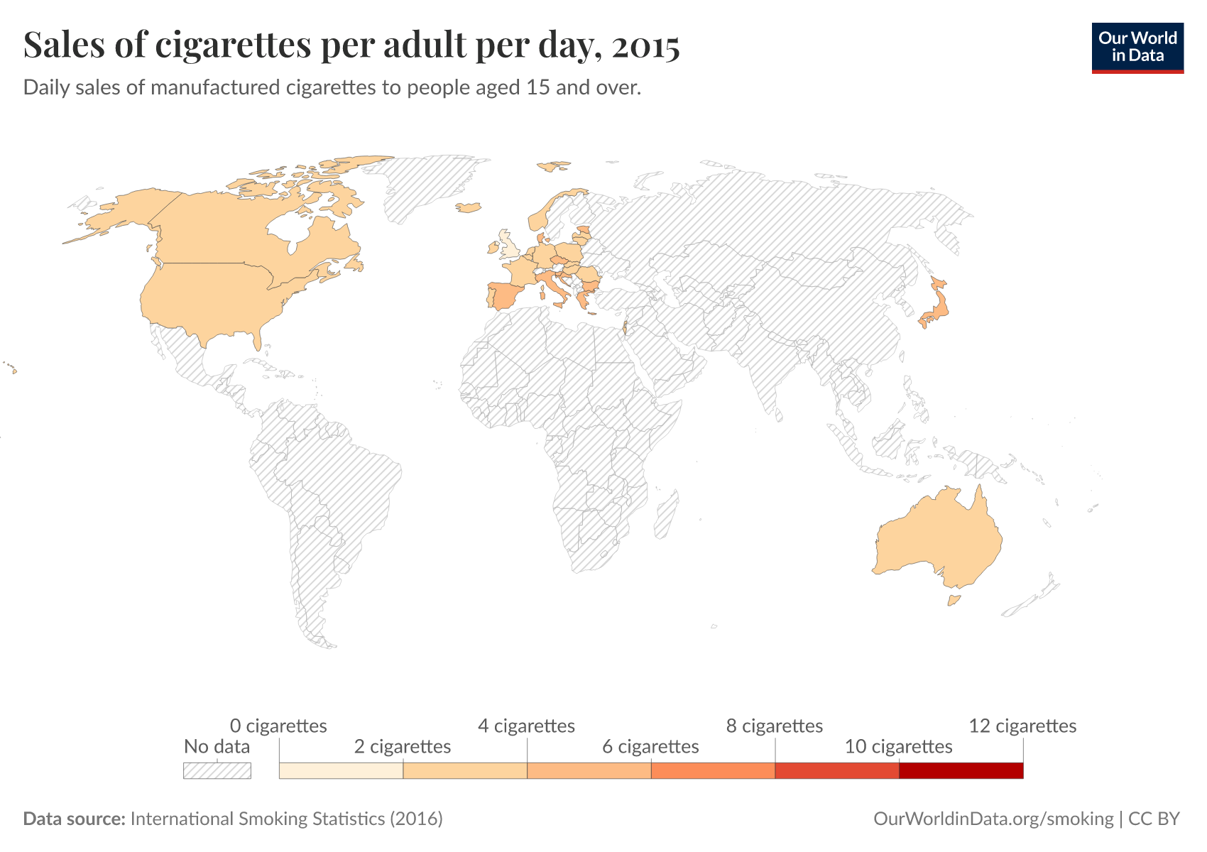 how many cigarettes are sold around the world every minute Sales of cigarettes per adult per day, 2015