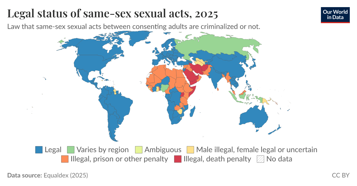 Legal status of same-sex sexual acts - Our World in Data