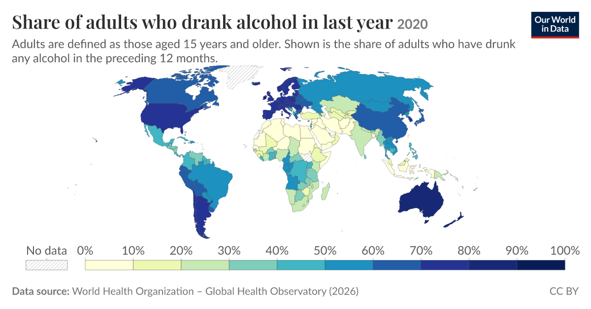 Share of adults who drank alcohol in last year - Our World in Data