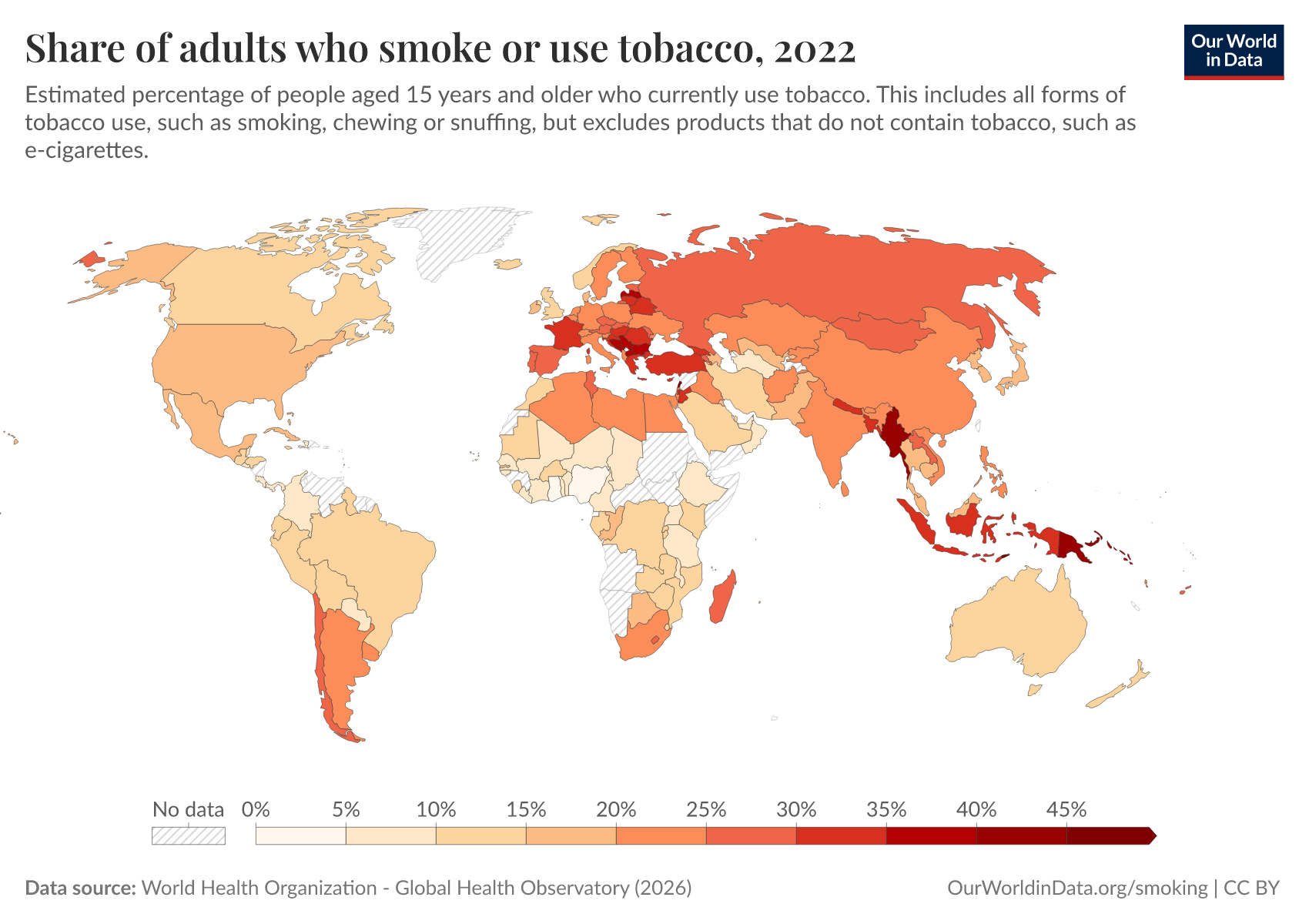 tobacco use map Share of adults who smoke or use tobacco, 2022