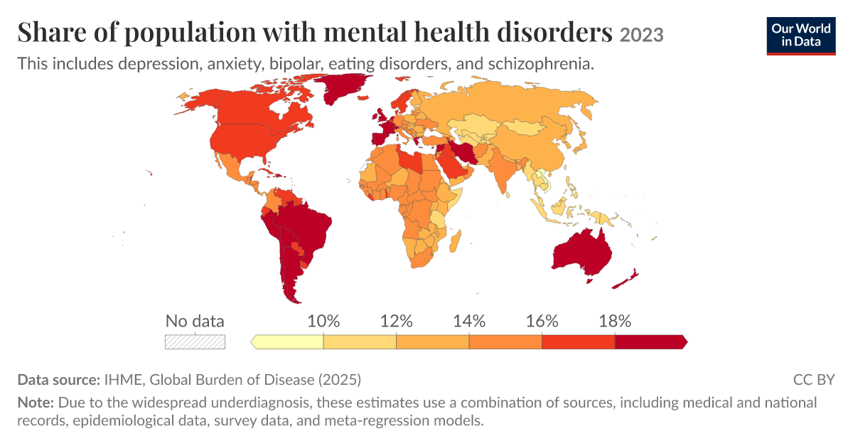 Share of population with mental health disorders | Our World in Data