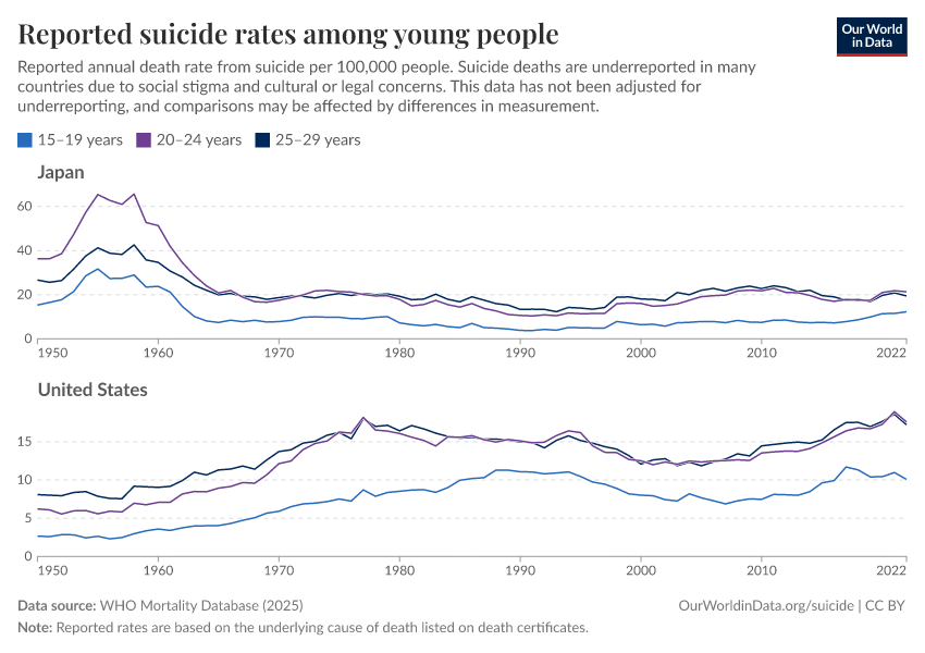 Reported suicide rates among young people