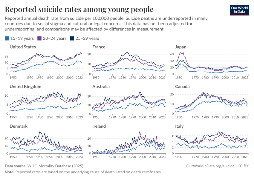 Reported suicide rates among young people