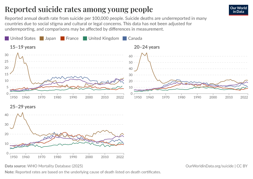 Reported suicide rates among young people