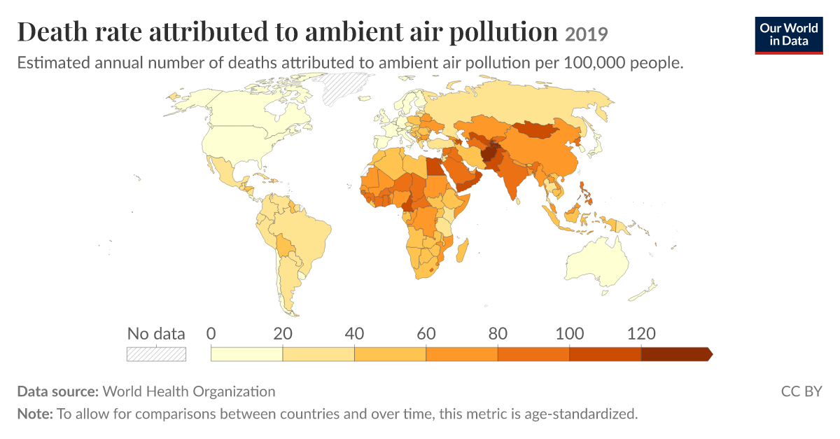 Death rate attributed to ambient air pollution - Our World in Data