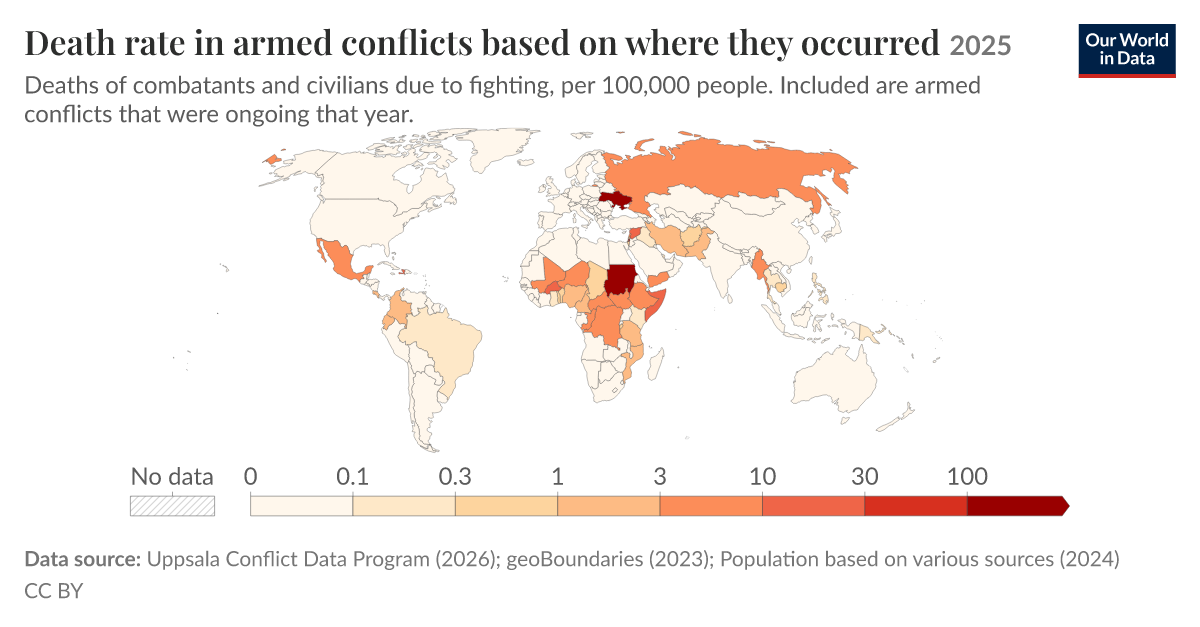 Death rate in armed conflicts based on where they occurred - Our World ...