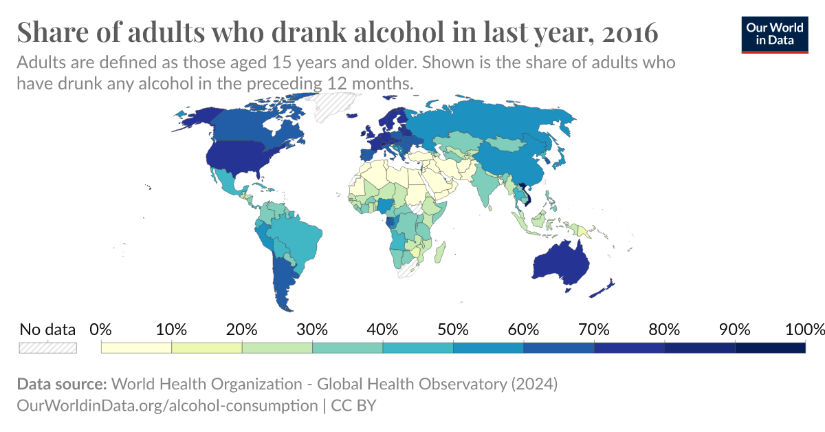 Share of adults who drank alcohol in last year - Our World in Data