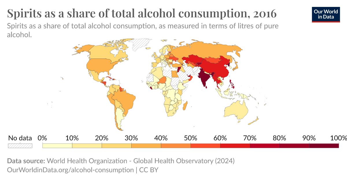 Spirits as a share of total alcohol consumption - Our World in Data