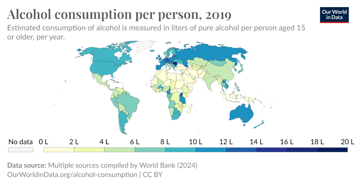 Alcohol consumption per person - Our World in Data