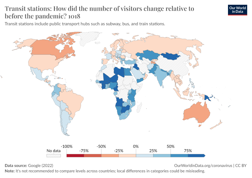 A thumbnail of the "Transit stations: How did the number of visitors change relative to before the pandemic?" chart