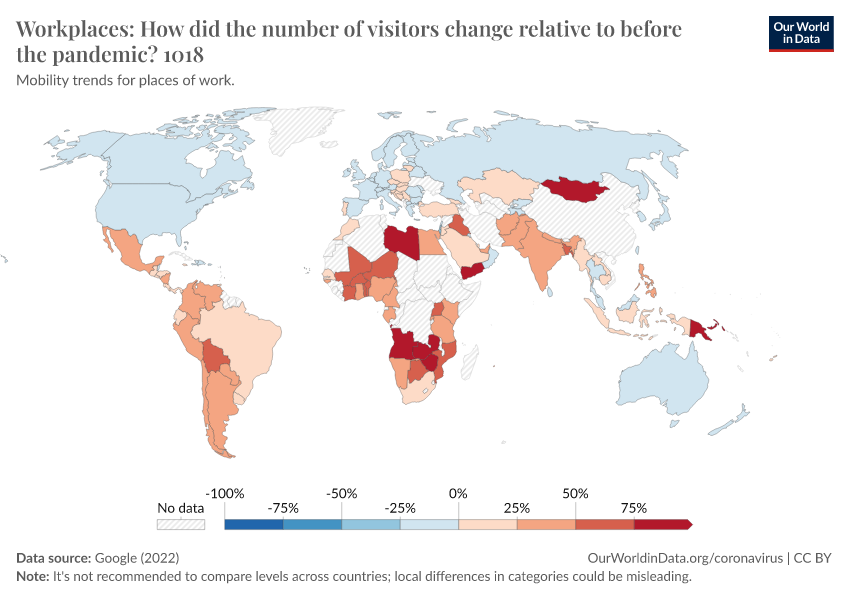 A thumbnail of the "Workplaces: How did the number of visitors change relative to before the pandemic?" chart