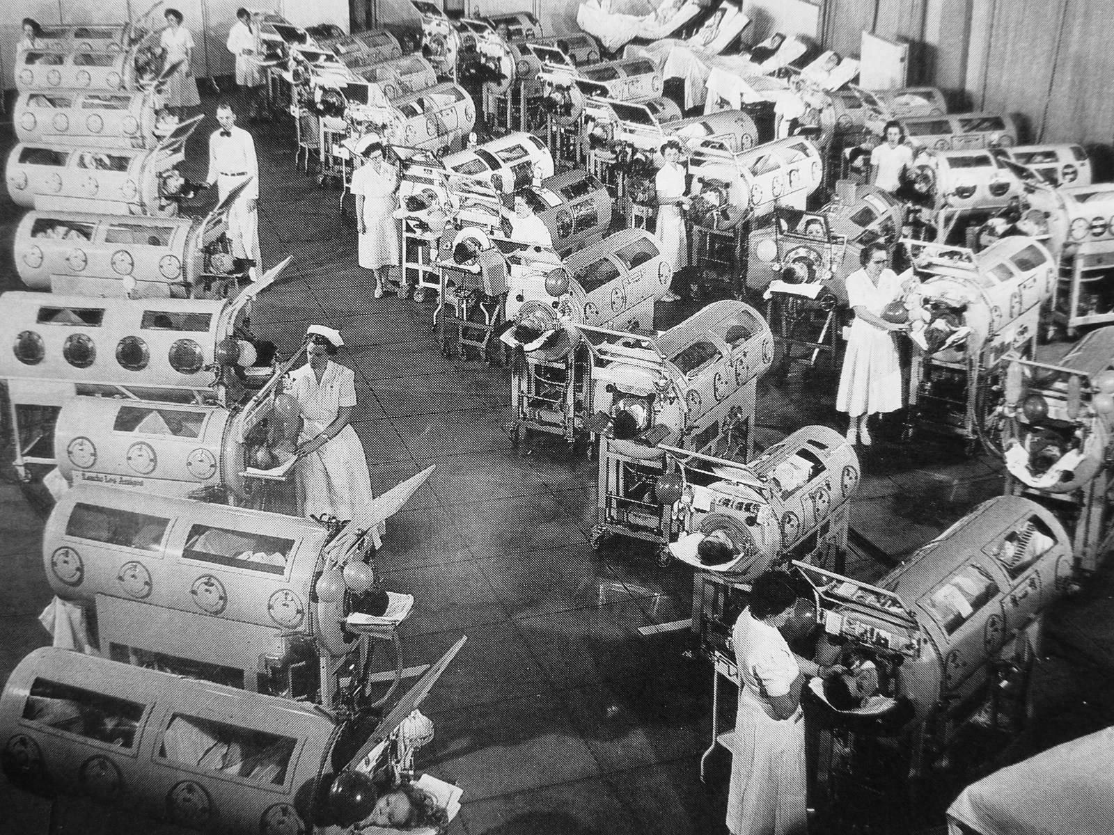 A photograph of a hospital room in the US with patients in iron lungs in 1952.