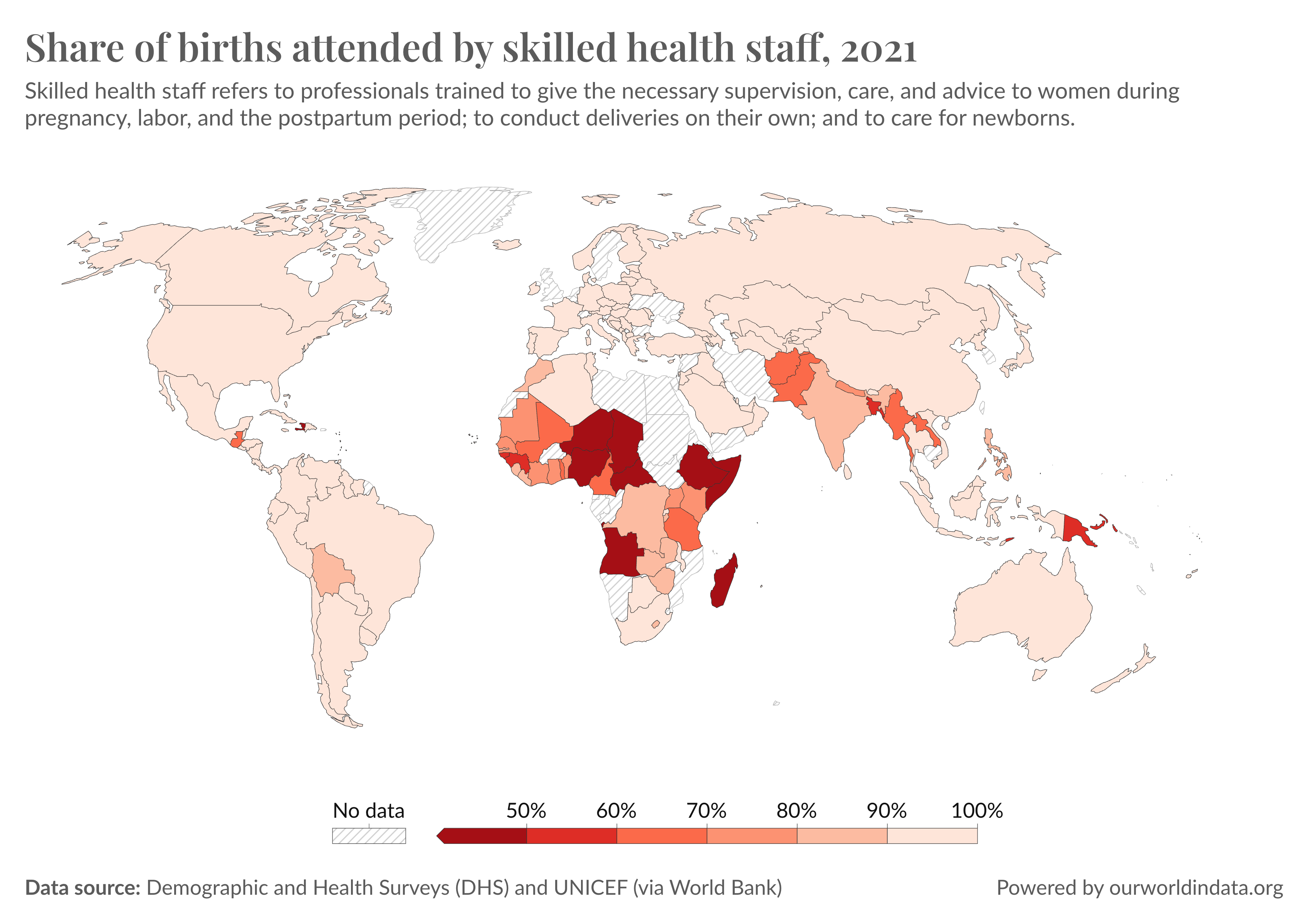 Map showing the share of births attended by skilled health staff. These rates are low in some of the world's poorest countries.