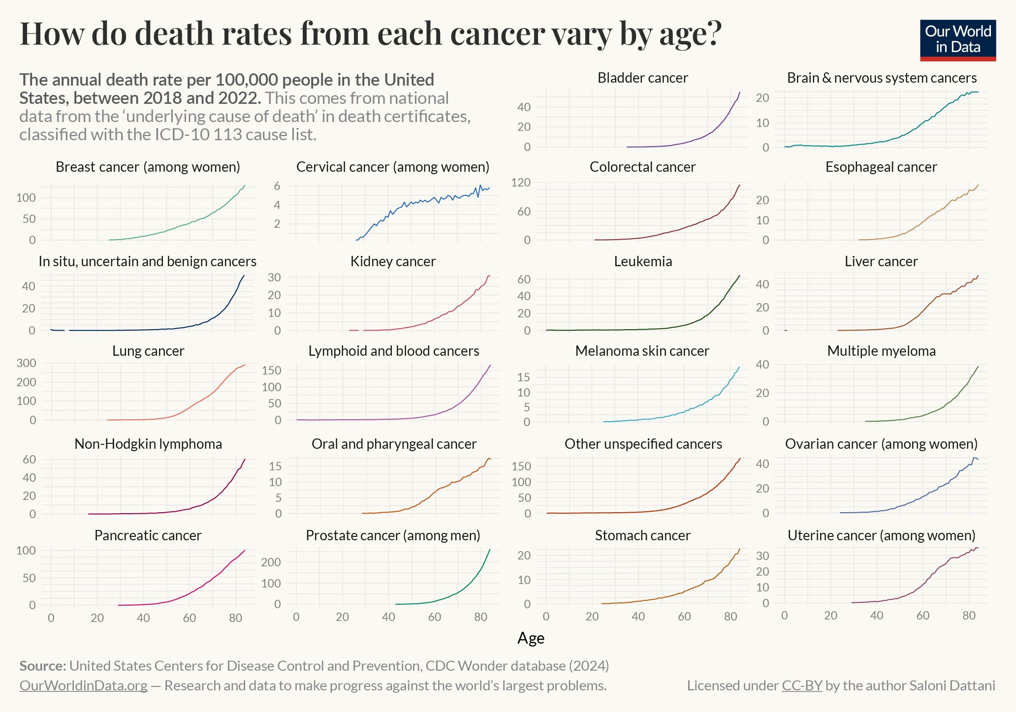 This chart, titled "How do cancer death rates vary by age?", displays the annual cancer death rate per 100,000 people in the United States between 2018 and 2022, using data from death certificates classified by ICD-10 codes. Each subplot represents a different type of cancer, with age on the x-axis and death rate on the y-axis. Each subplot shows a rise in death rates at older ages. This chart is authored by Saloni Dattani and published on "Our World in Data," with data sourced from the United States Centers for Disease Control and Prevention (CDC), Wonder database (2024). The chart is licensed under CC-BY.