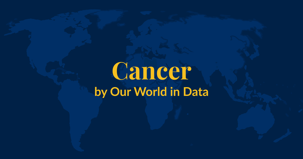 A dark blue background with a lighter blue world map superimposed over it. Yellow text that says Cancer by Our World in Data