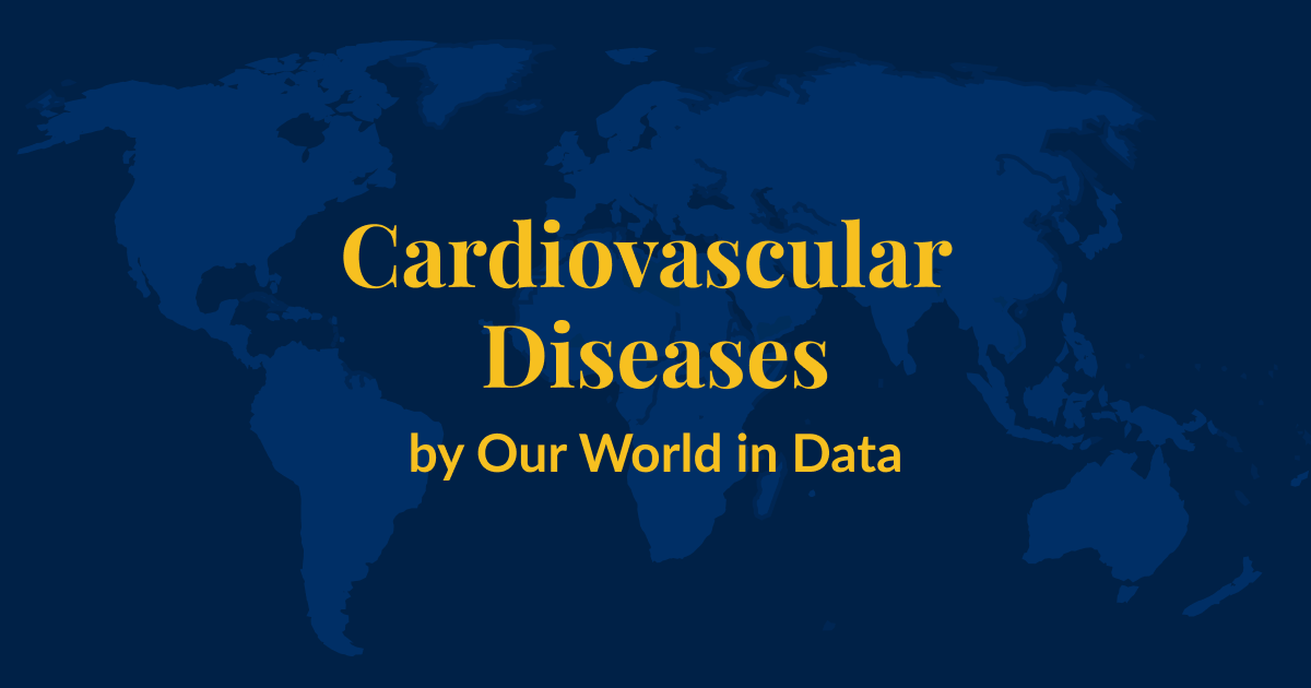 A dark blue background with a lighter blue world map superimposed over it. Yellow text that says Cardiovascular Diseases by Our World in Data